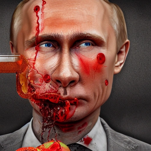 hyperrealistic render ultra detailed face of Putin drinking tomato juice on tank armor, zombie, full growth