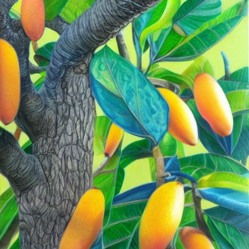   Colored pencil art on paper, Mango tree, highly detailed, artstation, MasterPiece, Award-Winning, Caran d'Ache Luminance, Oil Painting