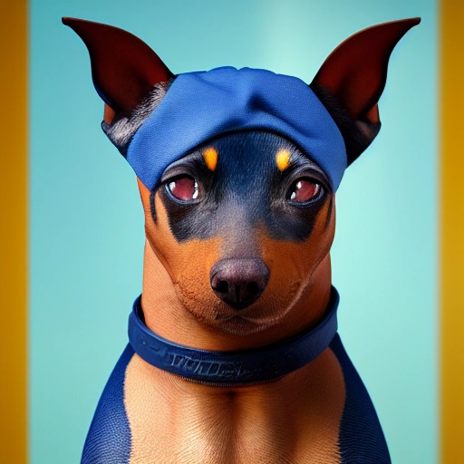  detailed, close up portrait of Zwergpinscher, military, with blue yellow colors, vibrant high contrast, hyperrealistic, photografic, 8k, epic ambient light, octane render,