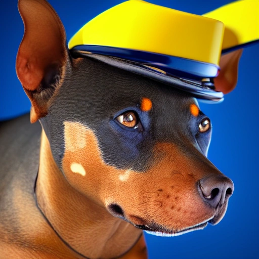  detailed, close up portrait of Zwergpinscher, military, with blue yellow colors, vibrant high contrast, hyperrealistic, photografic, 8k, epic ambient light, octane render,