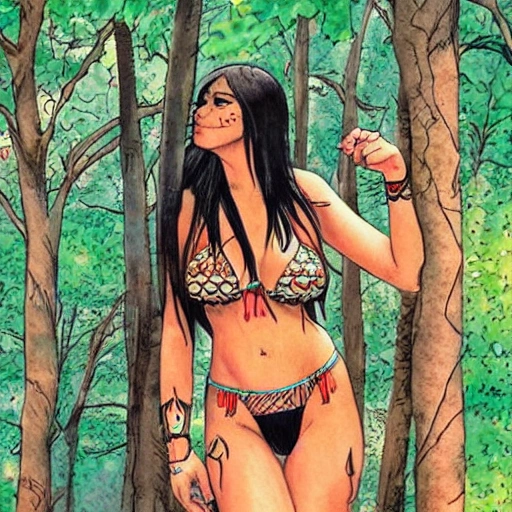 An american indian girl wearing bikini, tattos, in the forest, with Milo Manara style