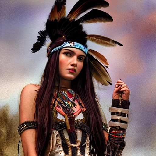 mdjrny-v4 style portrait photograph of a girl as american indian steampunk, young beautiful native american woman, perfect symmetrical face, feather jewelry, traditional handmade dress steampunk, armed female hunter warrior, (((wild west))) environment, Utah landscape, ultra realistic, concept art, elegant, ((intricate)), ((highly detailed)), depth of field, ((professionally color graded)), 8k, art by Milo Manara