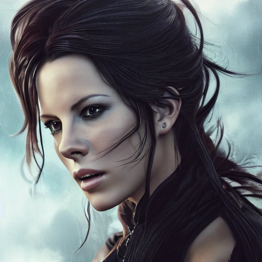 Close-up Portrait of a young woman, beautiful, Kate Beckinsale, black hair, Piratess like Mary Read, highly detailed leather clothing, high details, perfect and intricate composition, beautiful detailed octane trendy rendering on the art station, fine art photography 8k art, photorealistic concept art, perfect cinematic soft lighting, natural, cinematic volumetric, chiaroscuro, award winning photography, masterpiece, trending art station, sharp focus, intricate detail, academic figurative, painting by Simon Bisley, Oil Painting, Water Color