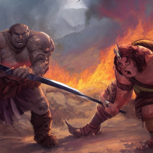 A man with a sword fights against an ogre, deep down there is a burning town