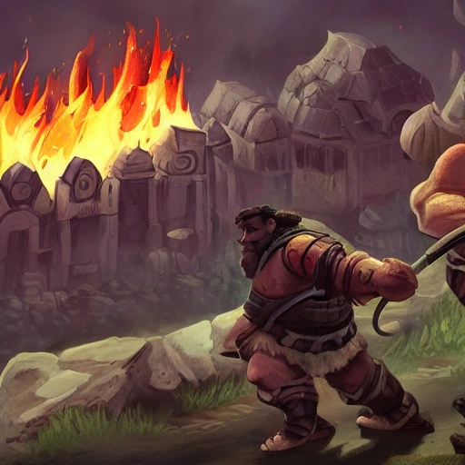 A handsome man fights against an ogre, deep down there is a burning town