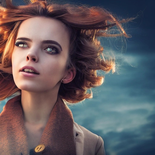 detailed, close up portrait of girl standing in a steampunk city with the wind blowing in her hair, cinematic warm color palette, spotlight, perfect symmetrical face