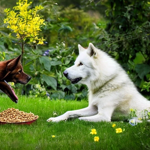 a golden color dog eating its dog food in the garden, and a white wolf come in.forest, tree, flower,rainbow.