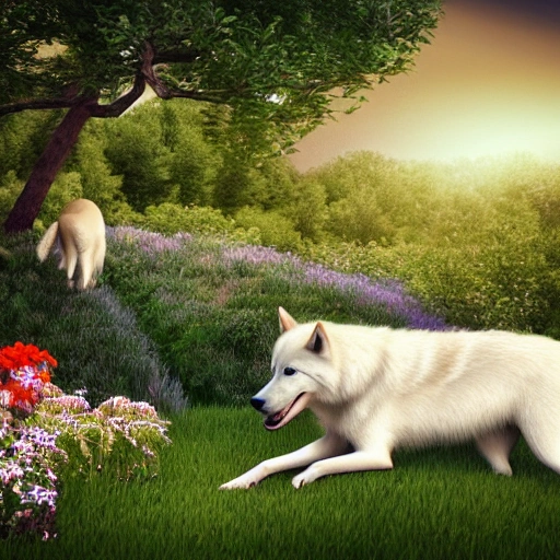 a golden color dog eating its dog food in the garden, and a white wolf come in.forest, tree, flower,game_cg.