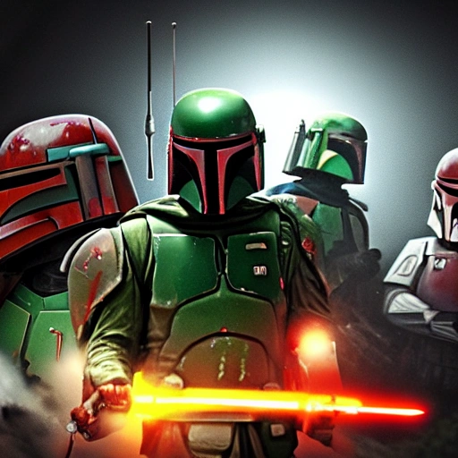 boba fett  clan style,  8k , realistic, fighting ultra 4k, star wars background, detailed,   face detail, 50mm wide , 
