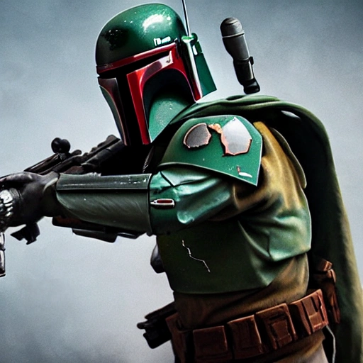 boba fett  clan style,  8k , realistic, fighting ultra 4k, star wars background, detailed,   face detail, 50mm wide , 
