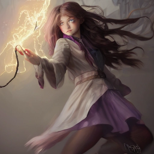 realistic portrait of a innocent young teen girl, d&d magic fantasy, dark magical school student uniform, light curly hair, casting a bright large-scale magical spell around herself, overflowing energy, highly detailed, digital painting, trending on artstation, pixiv, concept art, sharp focus, illustration, art by Ross Tran and Greg Rutkowski and Walt Disney animation