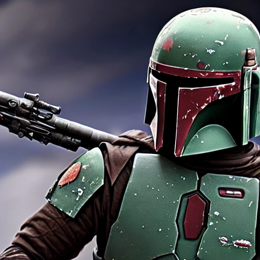 boba fett  clan style,  8k , realistic, fighting ultra 4k, star wars background, detailed,   face detail, 50mm wide , 
