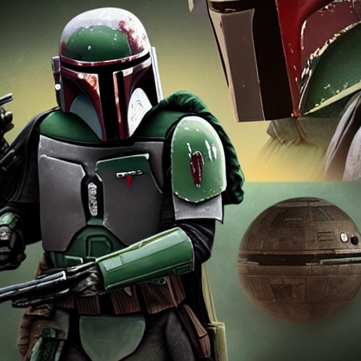 boba fett  clan style,  8k , realistic, fighting ultra 4k, star wars background, detailed,   face detail, 50mm wide , 
