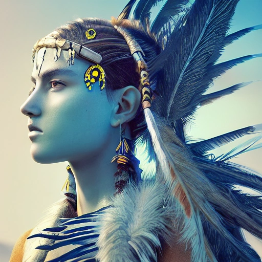 mdjrny-v4 style portrait photograph of a na'vi girl, perfect symmetrical face, feather jewelry, traditional handmade dress, armed female hunter warrior, (((wild west))) environment, Pandora landscape, ultra realistic, concept art, elegant, ((intricate)), ((highly detailed)), depth of field, ((professionally color graded)), 8k, art by James cameron