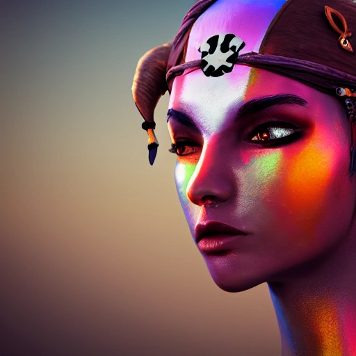 side close up portrait of 1 PIRATE girl, spotlight, FURUTRE CITY, wired, multicolored, vibrant high contrast, hyperrealistic, photografic, 8k, epic ambient light, octane render, Trippy