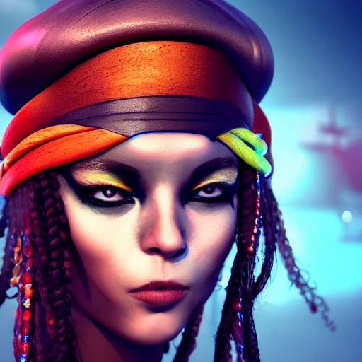 side close up portrait of 1 PIRATE girl, spotlight, FURUTRE CITY, wired, multicolored, vibrant high contrast, hyperrealistic, photografic, 8k, epic ambient light, octane render, Trippy