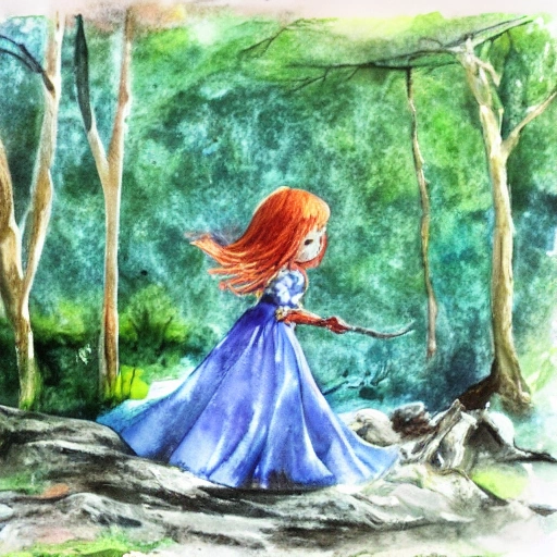 princess exploring forest, Water Color