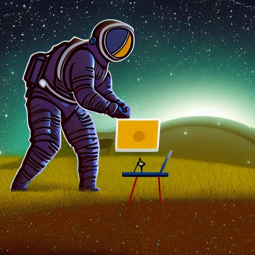 astronaut with computer in dark nature