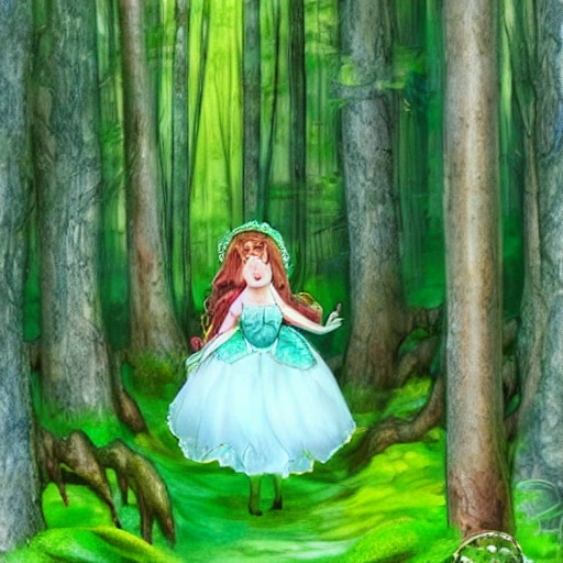 enchanted forest filled with tall trees that seems to touch the sky, the ground was covered in soft green moss, and shafts of sunlight filtered through the leaves, creating a magical atmosphere, Princess stumbled upon a small white rabbit who hopped out from behind a tree and offered to guide her through the forest, Water Color