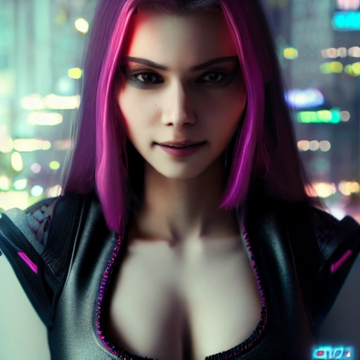 8k realistic,cyberpunk, girl showing  with sexy cleavage piercing gaze pretty smile,