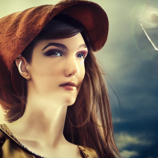 detailed, close up portrait of girl standing in a steampunk city with the wind blowing in her hair, cinematic warm color palette, spotlight