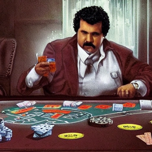 image of pablo escobar playing poker and surrounded by cocaine, Trippy