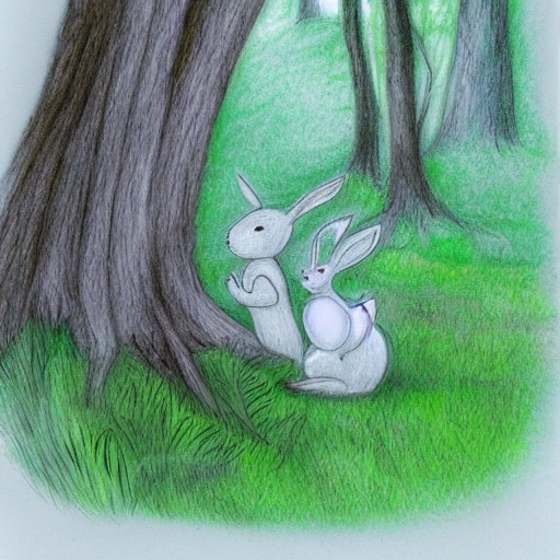 enchanted forest filled with tall trees that seems to touch the sky, the ground was covered in soft green moss, and shafts of sunlight filtered through the leaves, creating a magical atmosphere, Princess stumbled upon a small white rabbit who hopped out from behind a tree and offered to guide her through the forest, Pencil Sketch