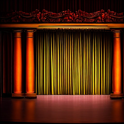 proscenium drama stage, with 2 actors on stage,  theatrical lighting, professional photograph. 4k, Tilt shift, long shot., 3D