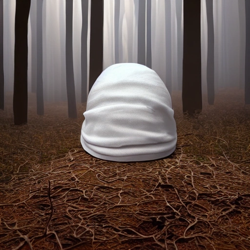 a white cloth cap in the middle of a forest and illuminating it, with scared wild animals, 3D