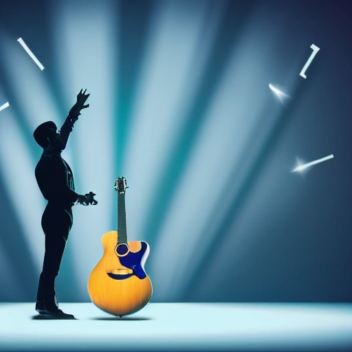 A singer shadow with a micro and the arm up in a Stage, lights, a giant silver star, dark background and blue tones, realistic 4k