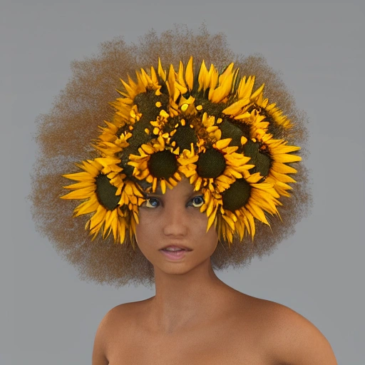 chica morena, girasoles, afro, 3D