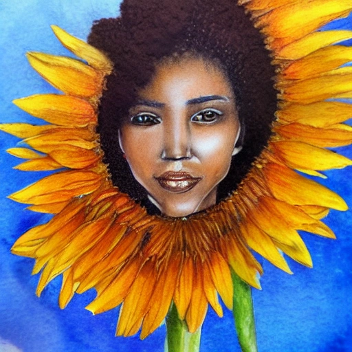 chica morena, girasoles, afro, 3D, Water Color, hiperrealismo