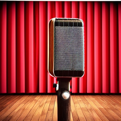 Wooden floor stage, open red curtains, an antique microphone, with "TALENT" phrase rendered in 3D.