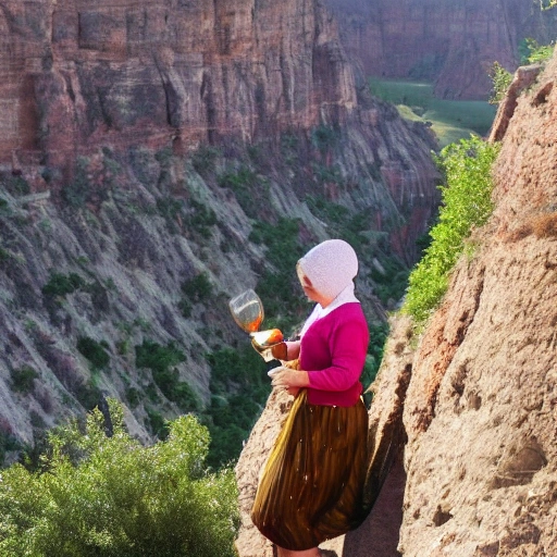 A woman making wine on the edge of a cliff