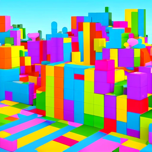 Town made from colorful cubic block, Cartoon, 8k, detailed