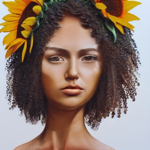 brunette girl, sunflowers, afro, 3D, hyperrealism