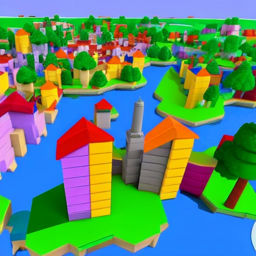 Town made from colorful cubic block complete with river, trees, bridge full made from block, Cartoon, 8k, detailed