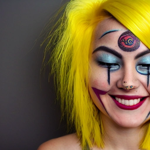 a cheerful girl with bright yellow hair, yellow A-shaped earrings, and a tattoo of a closed third eye on her forehead