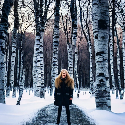 professional panoramic photography of a gorgeous of a birch forest, 
with a Norwegian girl in winter clothing with long wavy blonde hair, sultry flirty look, (freckles), gorgeous symmetrical face, cute natural makeup, wearing elegant warm winter fashion clothing, ((standing outside in snowy city street)), stunning birch forest, ultra realistic, concept art, elegant, highly detailed, intricate, sharp focus, depth of field, f/1.8, 85mm, panoramic shot, (((professionally color graded))), bright soft diffused light, (volumetric fog), trending on instagram, hdr 4k, 8k