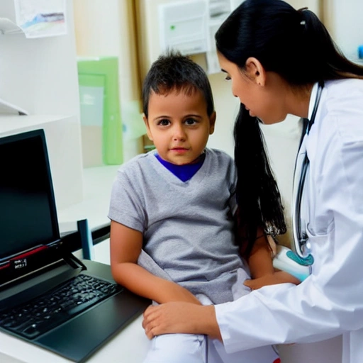 latin doctor woman attending a child patient in an office, 3D