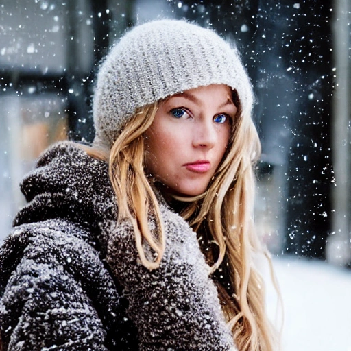 professional portrait photograph of a gorgeous Norwegian girl in winter clothing with long wavy blonde hair, sultry flirty look, (freckles), gorgeous symmetrical face, cute natural makeup, wearing elegant warm winter fashion clothing, ((standing outside in snowy city street)), stunning modern urban environment, ultra realistic, concept art, elegant, highly detailed, intricate, sharp focus, depth of field, f/1.8, 85mm, medium shot, mid shot, (((professionally color graded))), bright soft diffused light, (volumetric fog), trending on instagram, hdr 4k, 8k