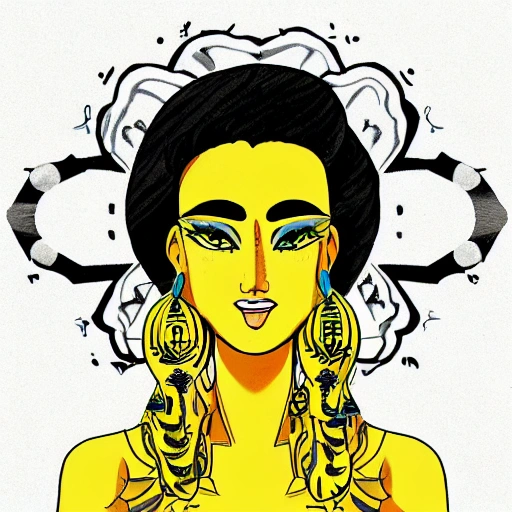 a cheerful girl with bright yellow hair, yellow A-shaped earrings, and a tattoo of a closed third eye on her forehead, Cartoon