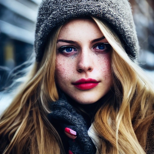 professional portrait photograph of a gorgeous Norwegian girl in winter clothing with long wavy blonde hair, ((sultry flirty look)), freckles, beautiful symmetrical face, cute natural makeup, wearing elegant winter fashion clothing, ((standing outside in snowy city street)), stunning modern urban upscale environment, ultra realistic, concept art, elegant, highly detailed, intricate, sharp focus, depth of field, f/1.8, 85mm, medium shot, mid shot, (centered image composition), (professionally color graded), ((bright soft diffused light)), volumetric fog, trending on instagram, trending on tumblr, hdr 4k, 8k