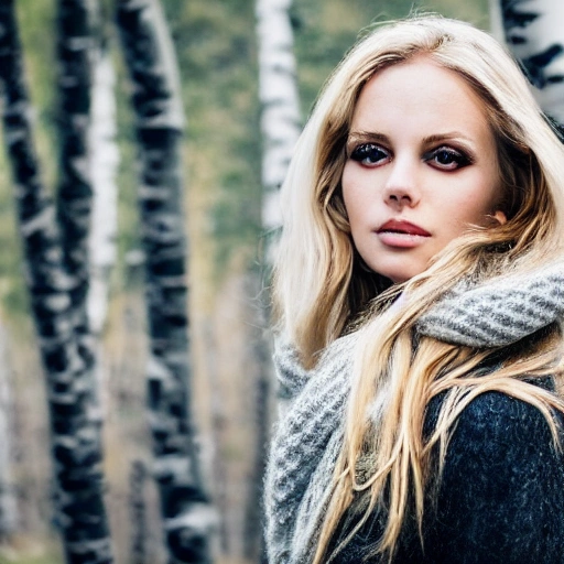 professional portrait photograph of a gorgeous Norwegian girl in winter clothing with long wavy blonde hair, ((sultry flirty look)), freckles, beautiful symmetrical face, cute natural makeup, wearing elegant winter fashion clothing, ((standing outside stunning birch forest setting)), stunning birch forest setting, ultra realistic, concept art, elegant, highly detailed, intricate, sharp focus, depth of field, f/1.8, 85mm, medium shot, mid shot, (centered image composition), (professionally color graded), ((bright soft diffused light)), volumetric fog, trending on instagram, trending on tumblr, hdr 4k, 8k