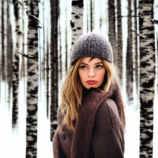 professional portrait photograph of a gorgeous Norwegian girl in winter clothing with long wavy blonde hair, ((sultry flirty look)), freckles, beautiful symmetrical face, cute natural makeup, wearing elegant winter fashion clothing, ((standing outside stunning birch forest setting)), stunning birch forest setting, ultra realistic, concept art, elegant, highly detailed, intricate, sharp focus, depth of field, f/1.8, 85mm, medium shot, mid shot, (centered image composition), (professionally color graded), ((bright soft diffused light)), volumetric fog, trending on instagram, trending on tumblr, hdr 4k, 8k