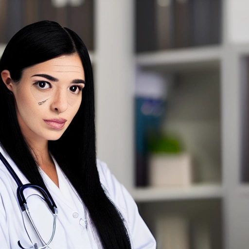 professional photograph of a latin doctor woman with long  black hair, freckles, beautiful symmetrical face, cute natural makeup, wearing medical gown, attending a male patient inside an office, stunning modern urban upscale environment, ultra realistic, concept art, elegant, highly detailed, intricate, sharp focus, depth of field, f/1.8, 85mm, medium shot, mid shot, (centered image composition), (professionally color graded), ((bright soft diffused light)), volumetric fog, trending on instagram, trending on tumblr, hdr 4k, 8k