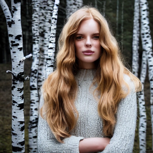 professional portrait photograph of a gorgeous Norwegian girl in winter clothing with long wavy blonde hair, ((sultry flirty look)), freckles, beautiful symmetrical face, cute natural makeup, wearing elegant winter fashion clothing, ((standing outside stunning birch forest setting)), stunning birch forest setting, ultra realistic, concept art, elegant, highly detailed, intricate, sharp focus, depth of field, f/1.8, 85mm, medium shot, mid shot, (centered image composition), (professionally color graded), ((bright soft diffused light)), volumetric fog, trending on instagram, trending on tumblr, hdr 4k, 8k