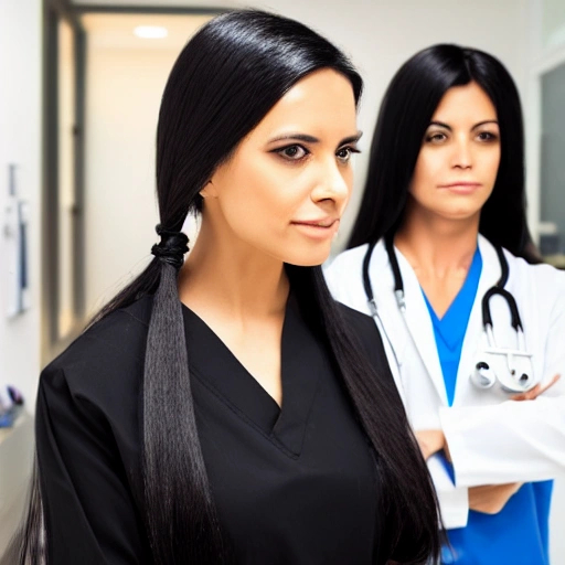 professional photograph of a latin doctor woman with long  black hair, beautiful symmetrical face, wearing medical gown, attending a male patient inside an office, stunning modern urban upscale environment, ultra realistic, concept art, elegant, highly detailed, intricate, sharp focus, depth of field, f/1.8, 85mm, medium shot, mid shot, (centered image composition), (professionally color graded), ((bright soft diffused light)), volumetric fog, trending on instagram, trending on tumblr, hdr 4k, 8k