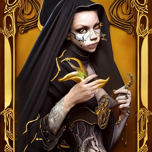 prfm style, close-up portrait, Jordyn Jones as medievil nun in traditional costume surrounded by big bugs, freckles, natural skin, natural skin texture, sub surface scattering, translucent, rococo, art nouveau, tom bagshaw as ruan jia: gold dust, tattoo art by Azat Kamaletdinov