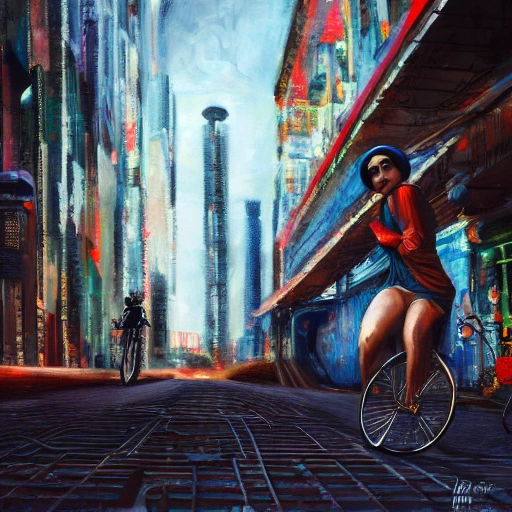 analog style, central asian young cyclist woman, cyberpunk, futurism style, Kyrgyzstan, in the city, realistic oil painting, computer graphics, UHD, 16 k, sunlit, paint texture, digital painting, highly detailed, artstation, sharp focus, illustration, volumetric lighting, very detailed symmetric face, concept art, award-winning, masterpiece  